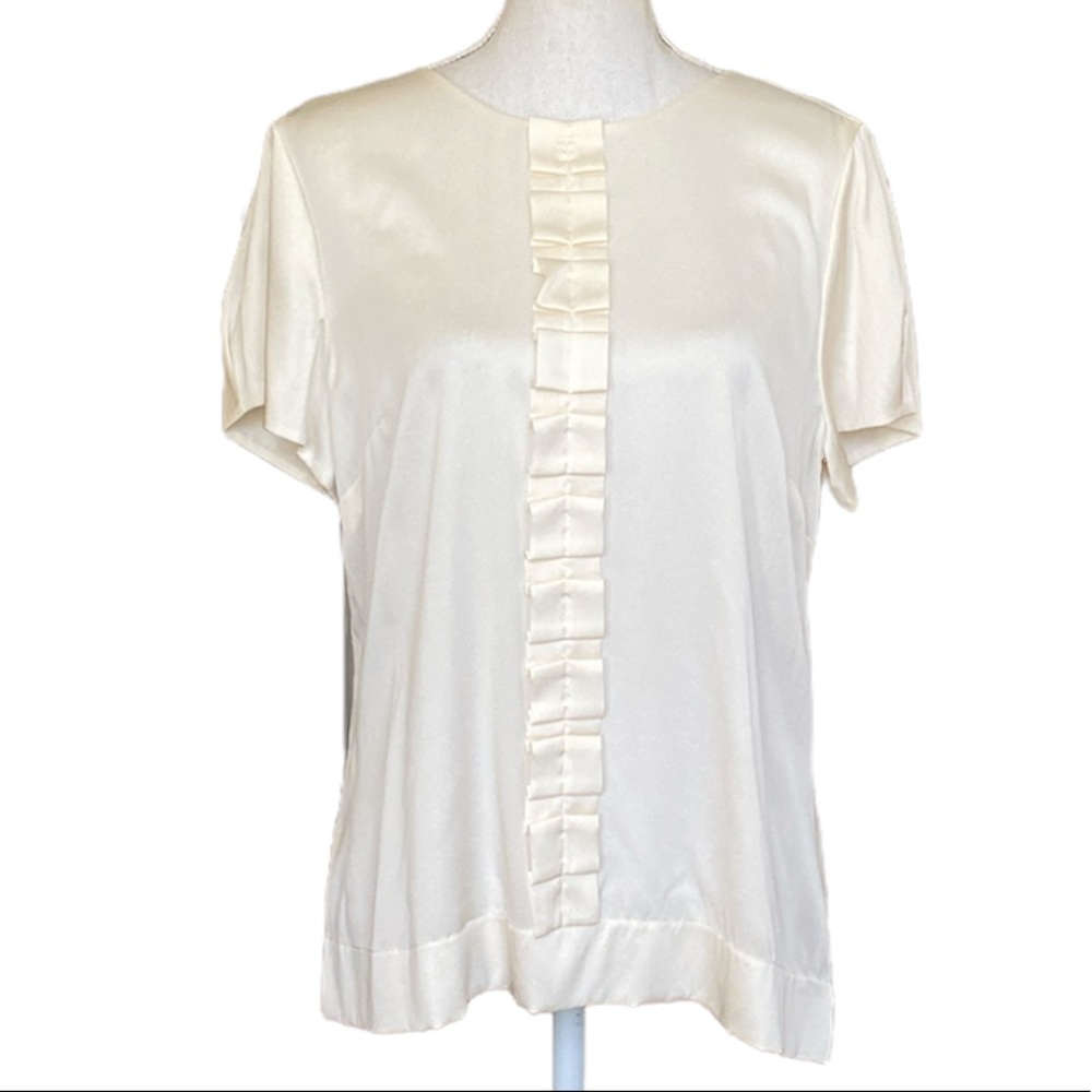 Semantiks short sleeve ruffle front ivory silk satin blouse Women's size 10